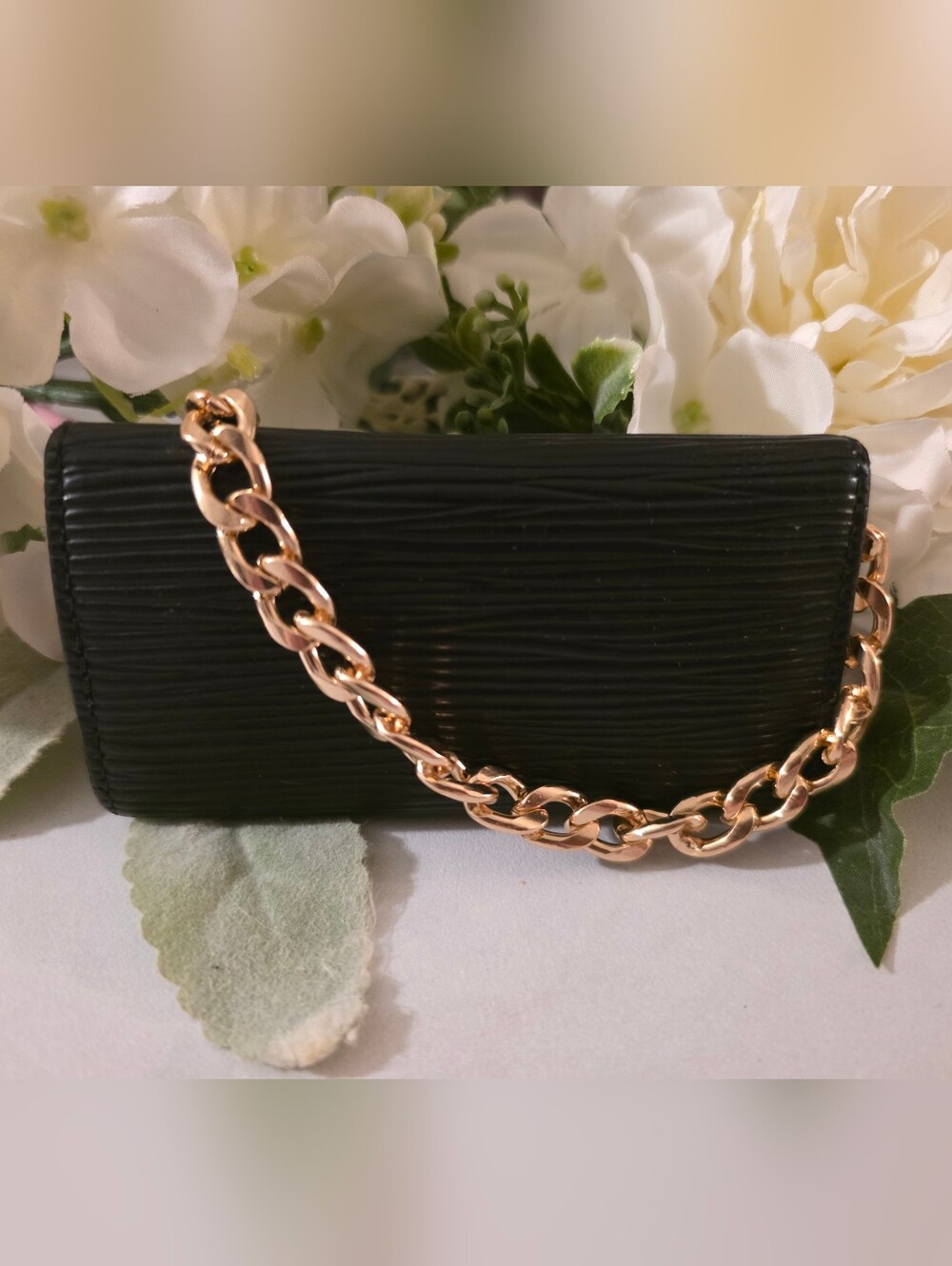 Louis Vuitton Black Epi Leather  Key /  Card Holder with Gold Chain